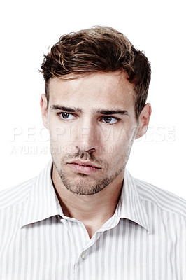 Buy stock photo Man, thinking or depression with serious face, planning or solution isolated on white studio background. Person, model and guy with memory loss or mental health with expression, choice and wonder