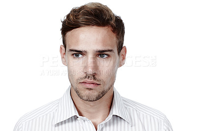 Buy stock photo Man, thinking and sad with serious face, confused and solution isolated on white studio background. Person, model and guy with memory loss and depression with facial expression, choice or nostalgia