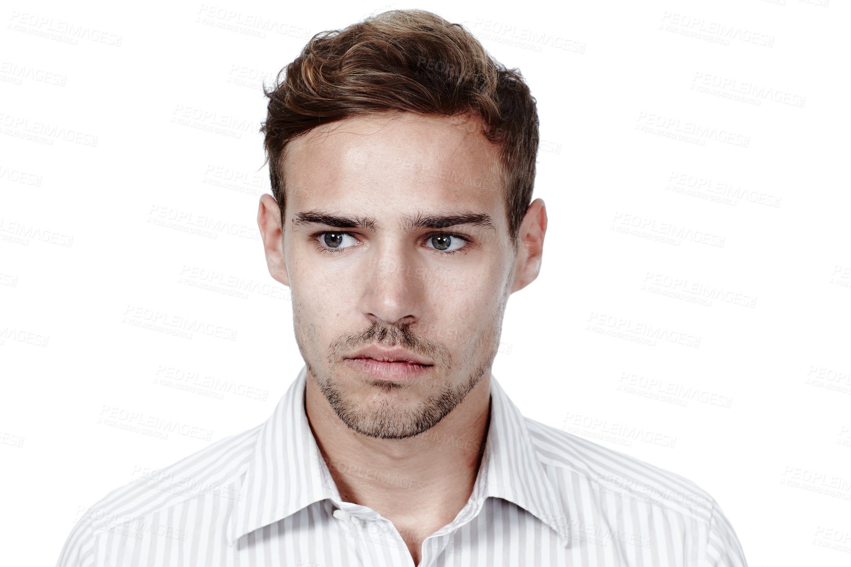 Buy stock photo Man, thinking and sad with serious face, confused and solution isolated on white studio background. Person, model and guy with memory loss and depression with facial expression, choice or nostalgia