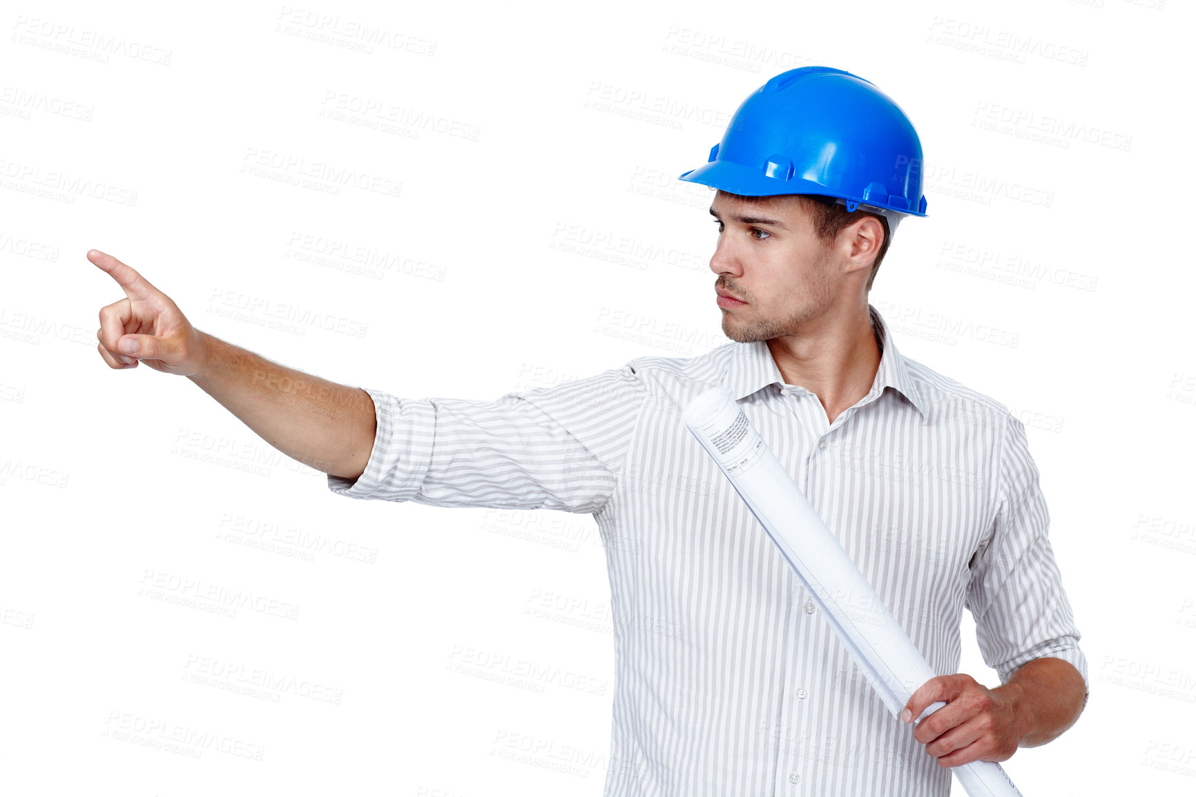 Buy stock photo Construction, man and blueprint with pointing in studio with instruction, tips and ideas for building design, layout and project. Business, architect and planning for maintenance in white background
