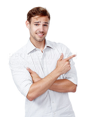 Buy stock photo Portrait, unsure or man with hand pointing to studio for fake news, gossip or announcement on white background. Questions, advice or face of model show how to, help or service menu, guide and process