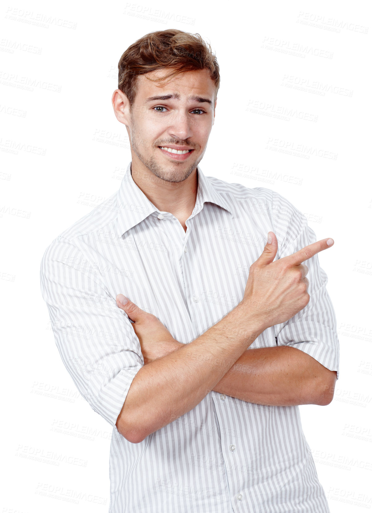 Buy stock photo Portrait, unsure or man with hand pointing to studio for fake news, gossip or announcement on white background. Questions, advice or face of model show how to, help or service menu, guide and process