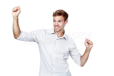 Buy stock photo Arms raised, man and dance with celebration, excited and smile with happiness isolated on white studio background. Person, employee and model with victory and winning with emoji, prize and giveaway