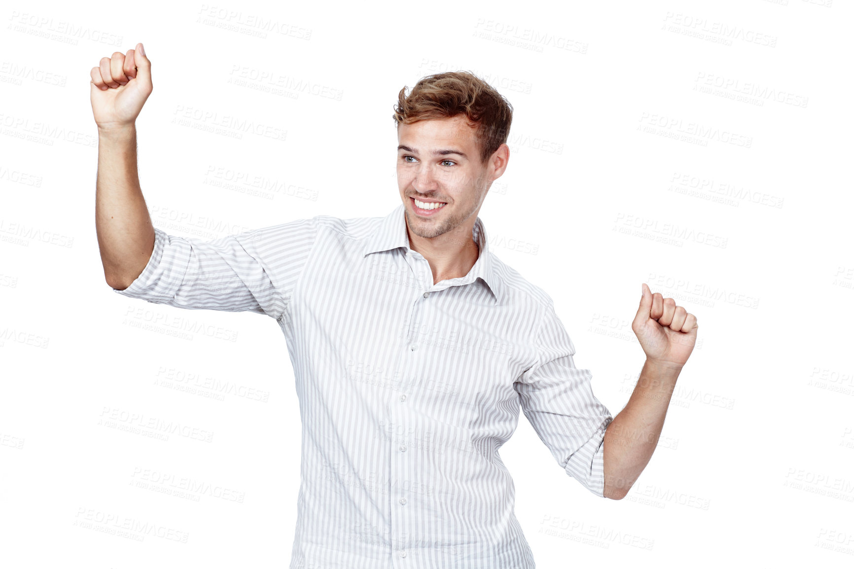 Buy stock photo Arms raised, man and dance with celebration, excited and smile with happiness isolated on white studio background. Person, employee and model with victory and winning with emoji, prize and giveaway