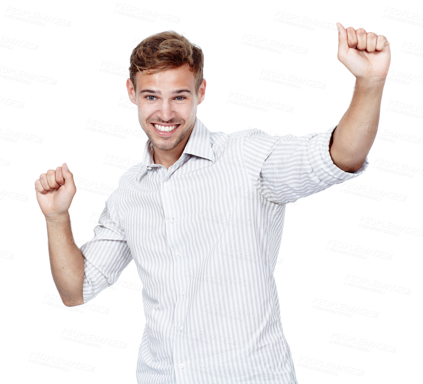 Buy stock photo Portrait, man and dance with celebration, excited and smile with giveaway isolated on white studio background. Person, employee and model with victory and winning with emoji, prize and arms raised