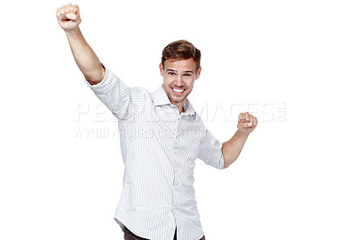 Buy stock photo Winner, man and dance with celebration, excited and smile with person isolated on white studio background. Energy, employee and model with victory and winning with prize and giveaway with achievement