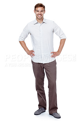 Buy stock photo Confidence, fashion and portrait of businessman in studio with smile, opportunity and pride. Consultant, agent or happy man with casual style, ambition and professional career on white background  