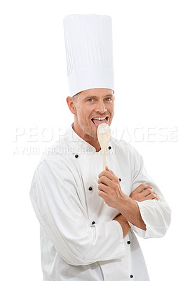 Buy stock photo Portrait of chef licking wooden spoon, goofy cafe owner and small business in restaurant industry isolated on white background. Happy, discount deal and delicious menu special or promotion in studio.