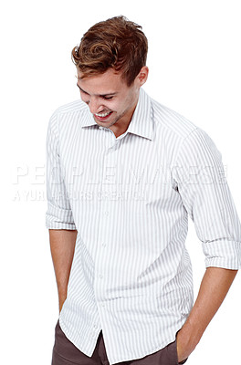 Buy stock photo Laugh, business fashion and man in studio with confidence, opportunity or professional pride. Consultant, agent or happy salesman with casual style, ambition and creative career on white background  