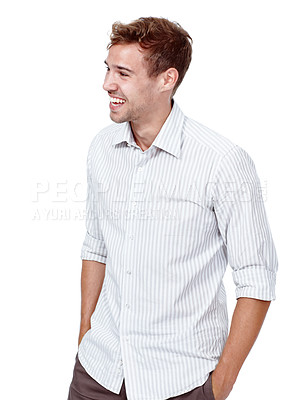 Buy stock photo Laugh, fashion and casual businessman in studio with confidence, opportunity and pride. Consultant, agent or happy man with business style, ambition and creative professional job on white background