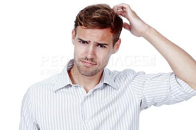 Buy stock photo Confused, thinking and portrait of man scratching head in studio with why gesture on white background. Doubt, questions or model face with fake news, gossip or problem solving, solution and choice