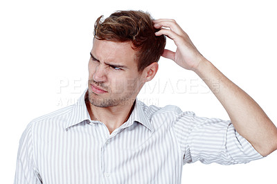 Buy stock photo Thinking, confused and man scratching head in studio for solution, problem solving or emoji guess on white background. Why, doubt and unsure model with awkward questions, remember or memory fail