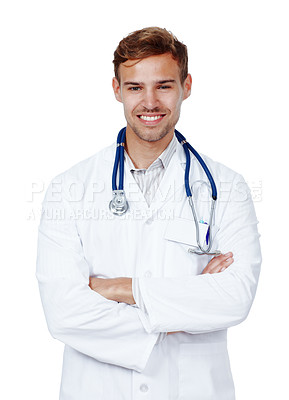 Buy stock photo Man, doctor and smile for health care in studio on white background, excited and satisfied in London. Medical professional, portrait and happy with career growth in confidence, pride and joy
