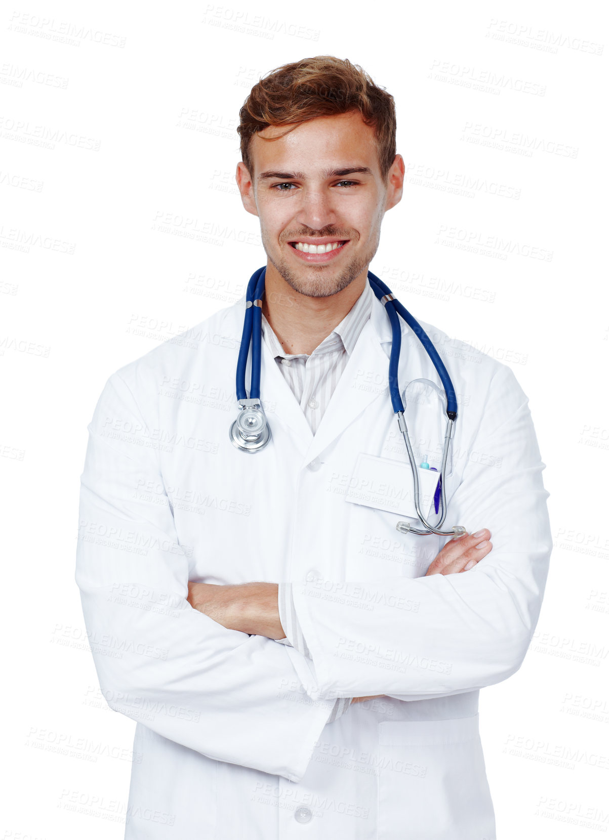 Buy stock photo Man, doctor and smile for health care in studio on white background, excited and satisfied in London. Medical professional, portrait and happy with career growth in confidence, pride and joy
