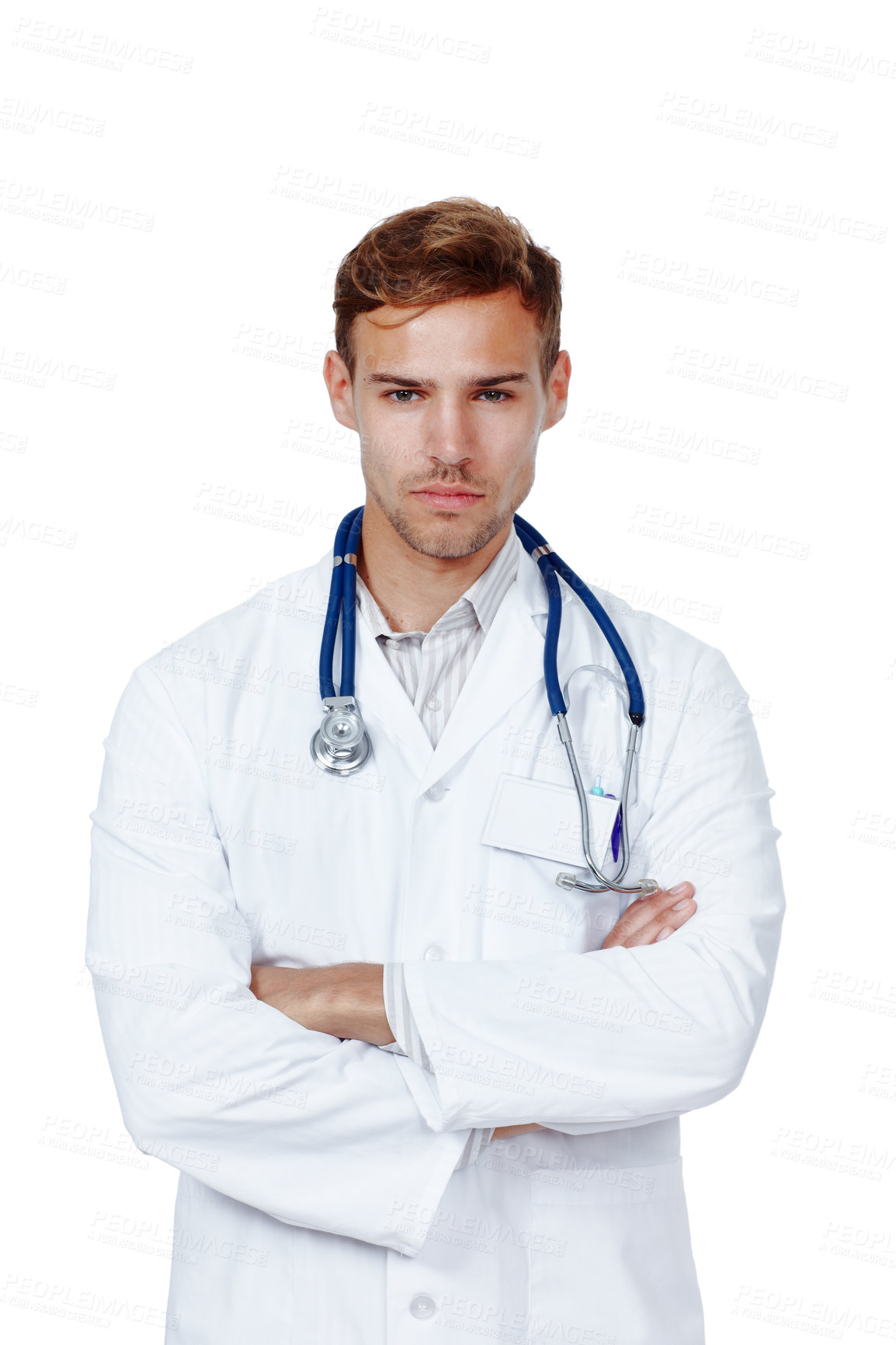 Buy stock photo Hospital, doctor and portrait of man with crossed arms for medical career, job and work in studio. Professional, healthcare and person with stethoscope for cardiology, pulmonary service and wellness