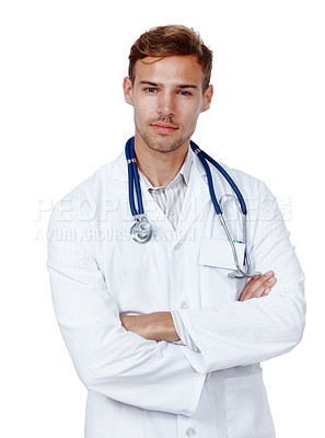 Buy stock photo Man, doctor and confident in studio for health care on white background, serious and satisfied with career. Medical professional, portrait and committed on job, growth and support as specialist