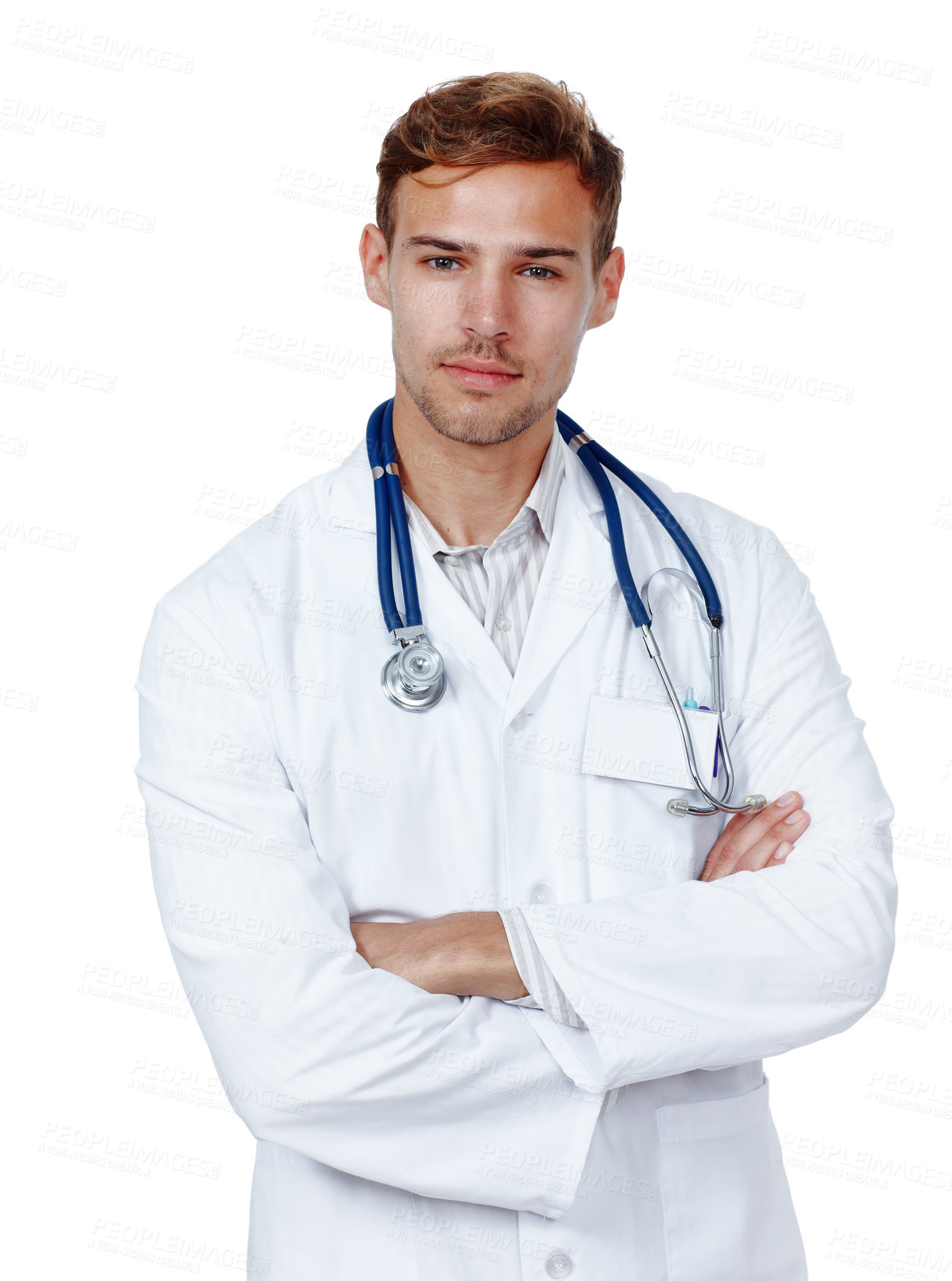 Buy stock photo Man, doctor and confident in studio for health care on white background, serious and satisfied with career. Medical professional, portrait and committed on job, growth and support as specialist