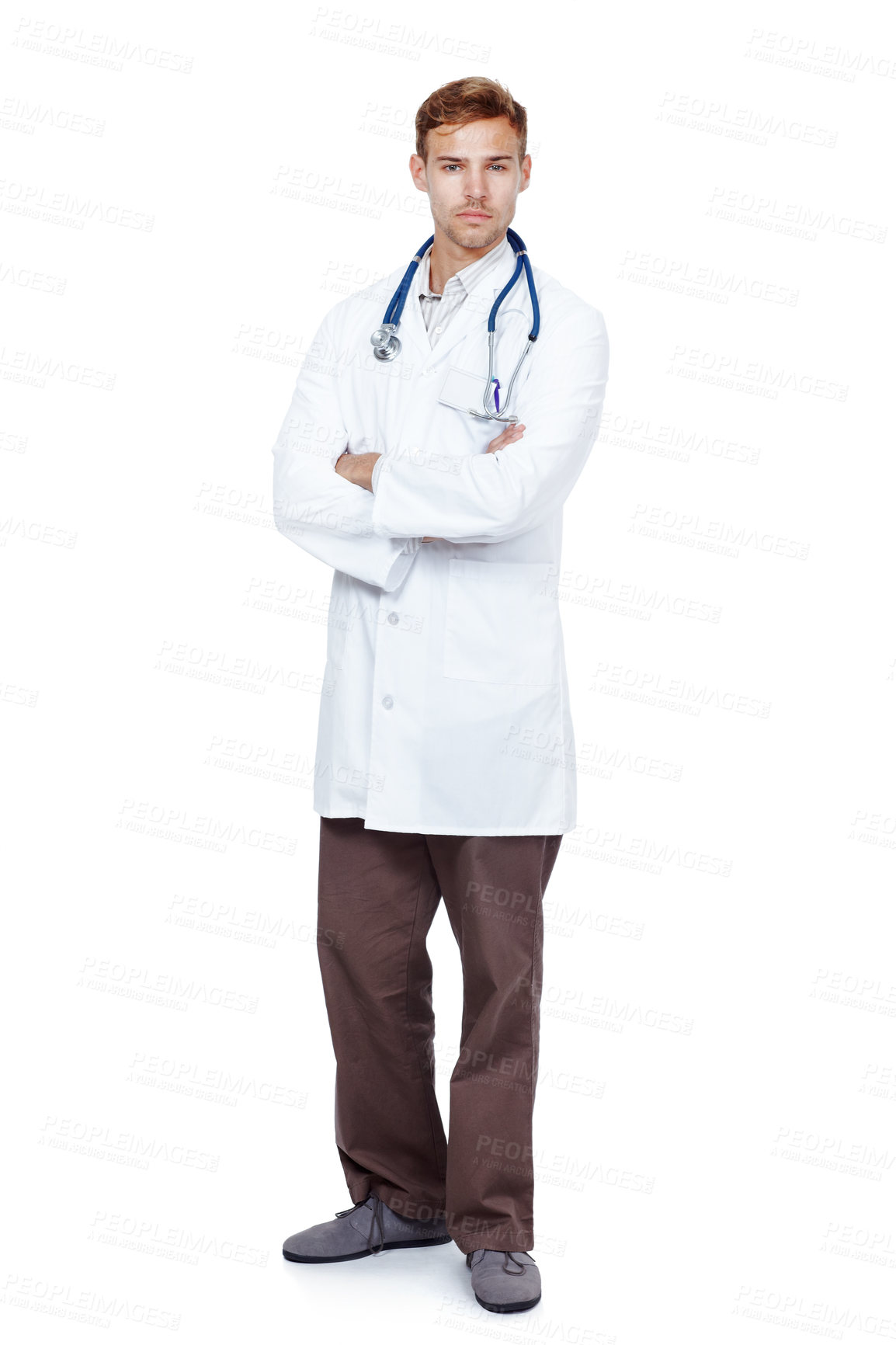 Buy stock photo Man, doctor and portrait in studio for health care on white background, serious and satisfied with career. Medical professional, stethoscope and confidence in job, service and support as cardiologist