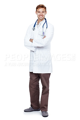 Buy stock photo Man, doctor and happy in studio for health care on white background, smile and satisfied with career. Medical professional, portrait and confident on job, growth and support as cardiologist.