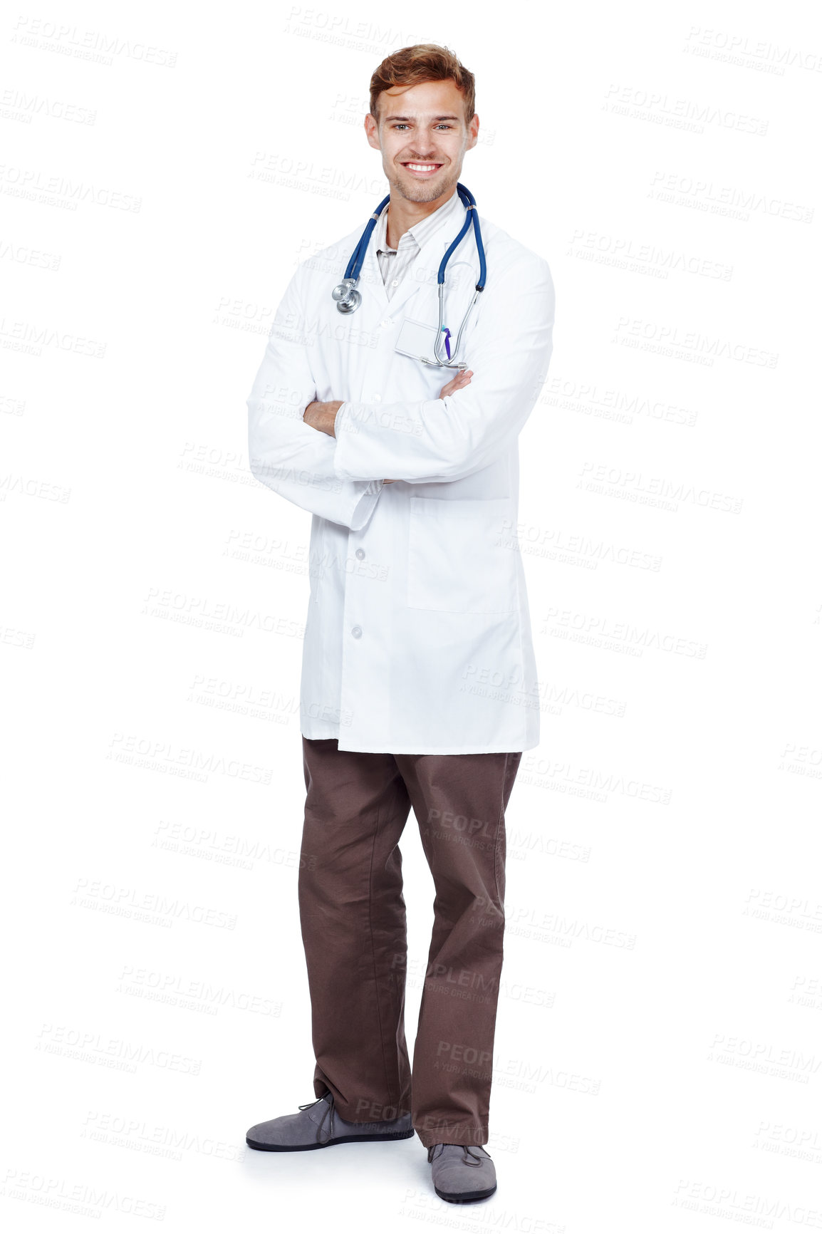 Buy stock photo Man, doctor and happy in studio for health care on white background, smile and satisfied with career. Medical professional, portrait and confident on job, growth and support as cardiologist.