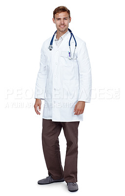 Buy stock photo Hospital, doctor and portrait of man on a white background for medical career, job and care in studio. Professional, healthcare and person with stethoscope for cardiology, consult service or wellness