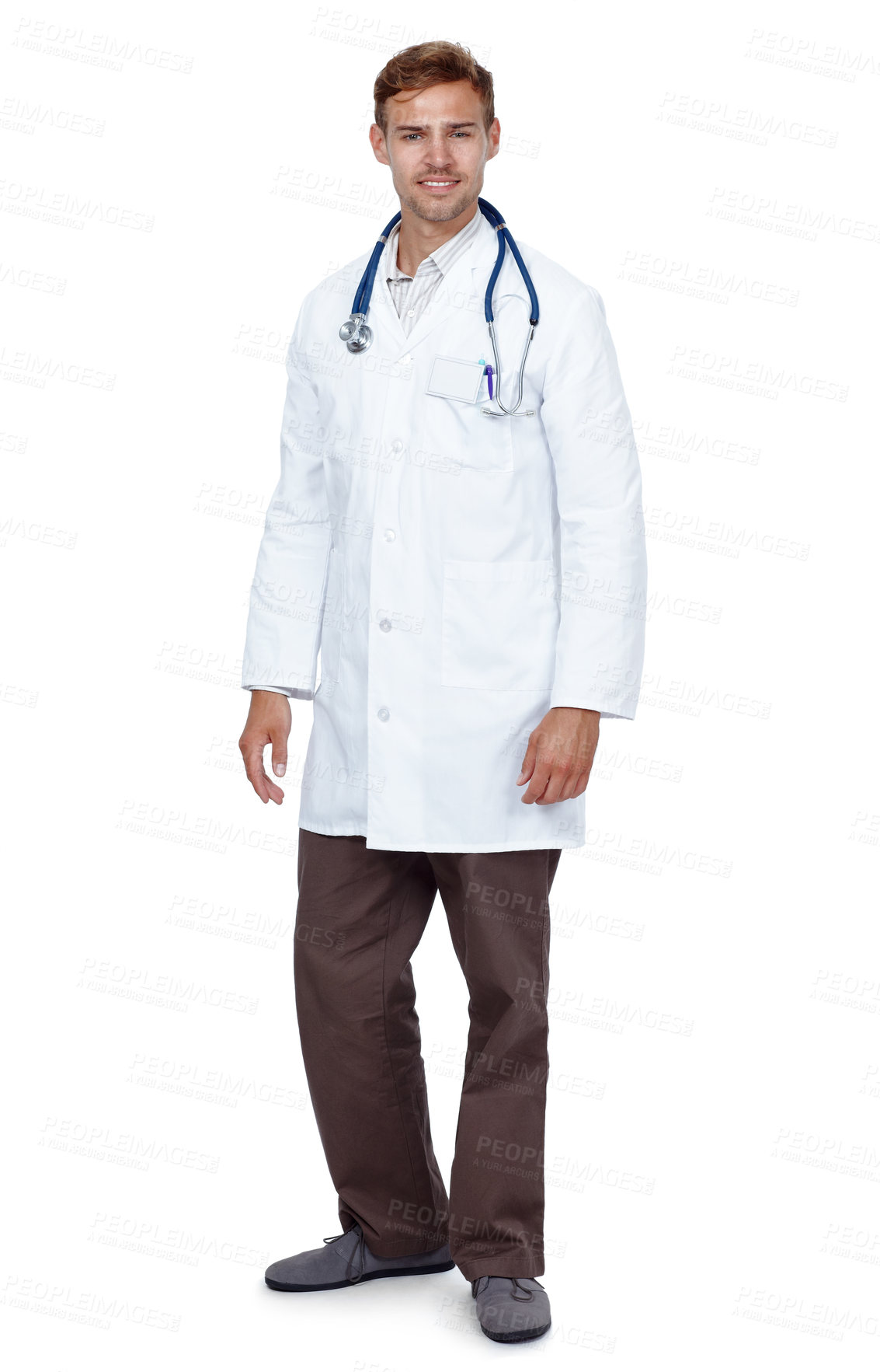 Buy stock photo Hospital, doctor and portrait of man on a white background for medical career, job and care in studio. Professional, healthcare and person with stethoscope for cardiology, consult service or wellness