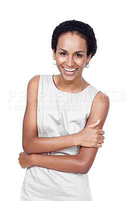 Buy stock photo Happy, crossed arms and portrait of business woman in studio with company pride, confidence and smile. Creative startup, professional and isolated person for career, work and job on white background