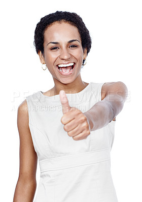 Buy stock photo Portrait, woman with thumbs up support in studio for feedback, review or agreement on white background. Success, face and model with OK hand emoji vote for service excellence, thank you or motivation