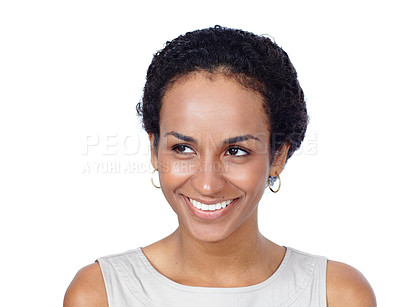 Buy stock photo Thinking, smile and girl in studio with idea for solution, problem solving or insight on white background. Question, remember and curious woman model with plan inspiration, reflection or happy memory