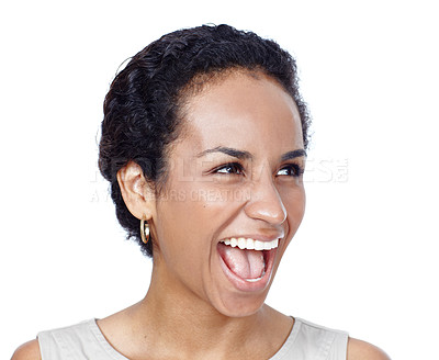 Buy stock photo Excited, shout and business woman in studio with good news, promotion announcement and success. Professional, surprise and face of person happy for prize, reward and celebrate on white background