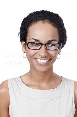 Buy stock photo African woman, thinking and business in studio for career choice, planning and decision on white background. Business person, worker or secretary with glasses for vision, ideas and job objectives