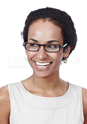 Buy stock photo African woman, glasses and thinking in studio for choice, planning and business decision on white background. Happy person, worker or secretary with vision, mindset and inspiration for job objectives