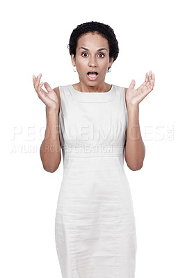 Buy stock photo Wow, surprise and portrait of girl in studio with fake news, announcement or unexpected drama on white background. Shock, emoji or model with omg gesture for gossip, secret or mind blown expression