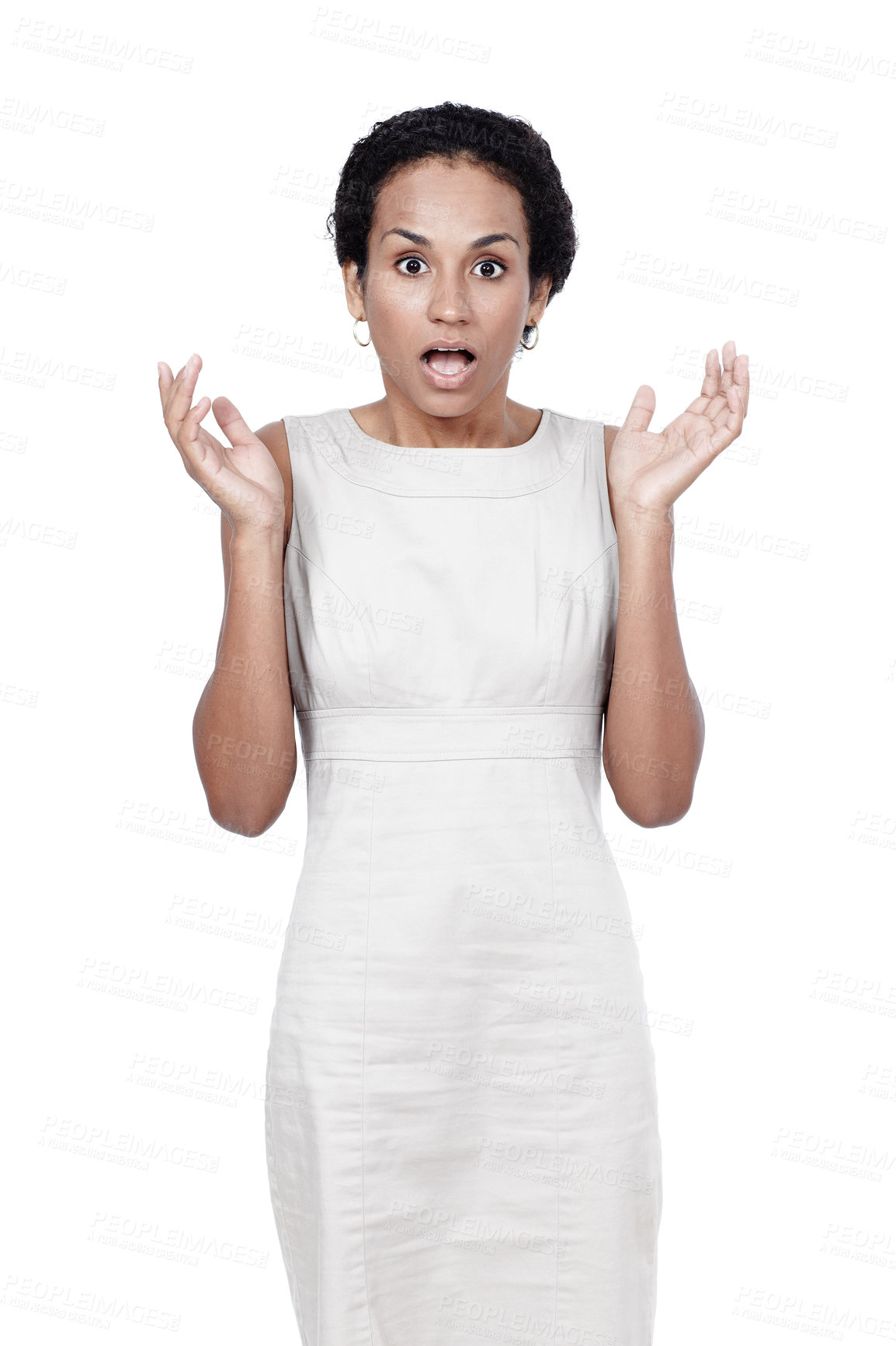 Buy stock photo Wow, surprise and portrait of girl in studio with fake news, announcement or unexpected drama on white background. Shock, emoji or model with omg gesture for gossip, secret or mind blown expression