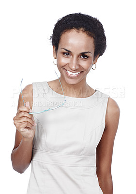 Buy stock photo African woman, business and portrait in studio for career confidence and happy with reading glasses. Face of author, writer or editor in publishing job and project opportunity on white Background