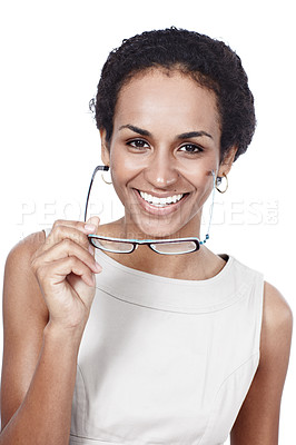 Buy stock photo African woman, business and glasses in studio for career confidence and planning or ready to reading. Portrait of author, writer or editor in publishing job or project opportunity on white Background