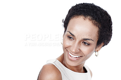 Buy stock photo African woman, thinking and ideas in studio for career choice, planning and decision on white background. Business person, worker or lawyer with vision, news and job opportunity with mockup space