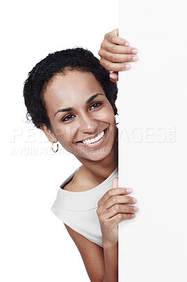 Buy stock photo Studio, blank poster and woman with mockup space, introduction and isolated on white background. Signage, business offer and happy female person with billboard for news, announcement and deal info
