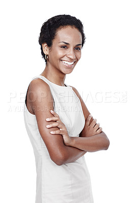 Buy stock photo Fashion, business and portrait of happy woman in studio with confidence, opportunity and smile. Consultant, agent or HR manager with ambition, professional style and arms crossed on white background
