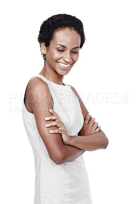 Buy stock photo Thinking, relax and happy business woman in studio for confidence, opportunity or office fashion. Consultant, agent or HR manager with ambition, professional style or arms crossed on white background