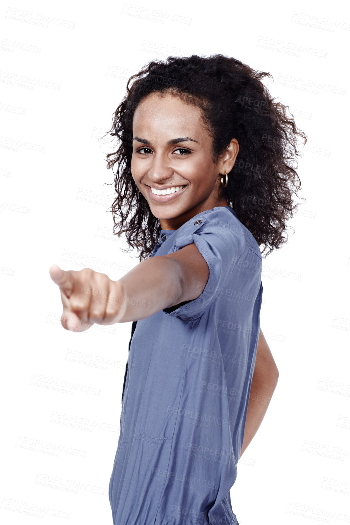 Buy stock photo African woman, choice and pointing you to show winner, opportunity or success on white background. Portrait of casual person or model in selection, option or direction for sale or promotion in studio