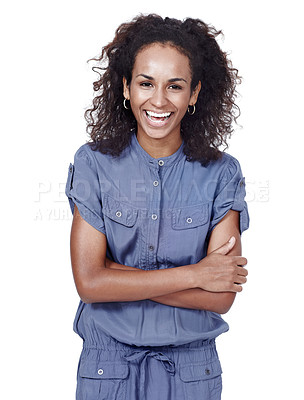 Buy stock photo Business, fashion and portrait of creative happy woman in studio with confidence, opportunity and job pride. Consultant, casual style and professional with ambition, arms crossed and white background
