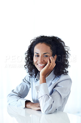 Buy stock photo African woman, business and office for career confidence, solution and legal consultation at desk. Portrait of attorney, lawyer or corporate person at law firm for support with employee relations