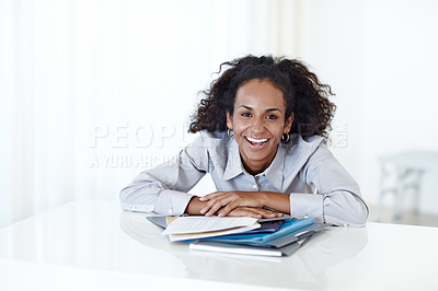 Buy stock photo African woman, documents and folder at office desk for planning, organizing and administration in portrait. Business person, worker or administrator by pile of paperwork, file and project management
