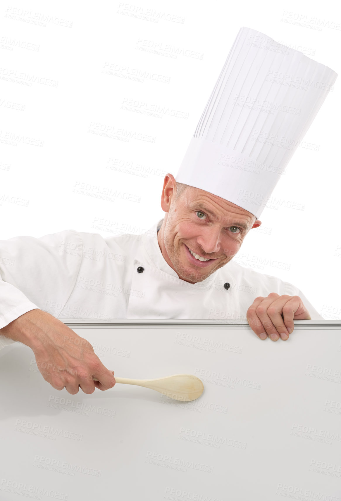 Buy stock photo Chef, portrait and menu poster of a man with mockup space, banner or billboard for advertising food. Happy person with board sign and spoon for restaurant or cafe promotion white background in studio