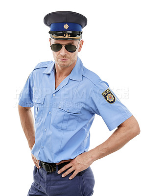 Buy stock photo Officer, security and portrait of police on white background for authority, public safety and crime. Justice, law enforcement and isolated policeman, traffic cop and guard with hands on hip in studio
