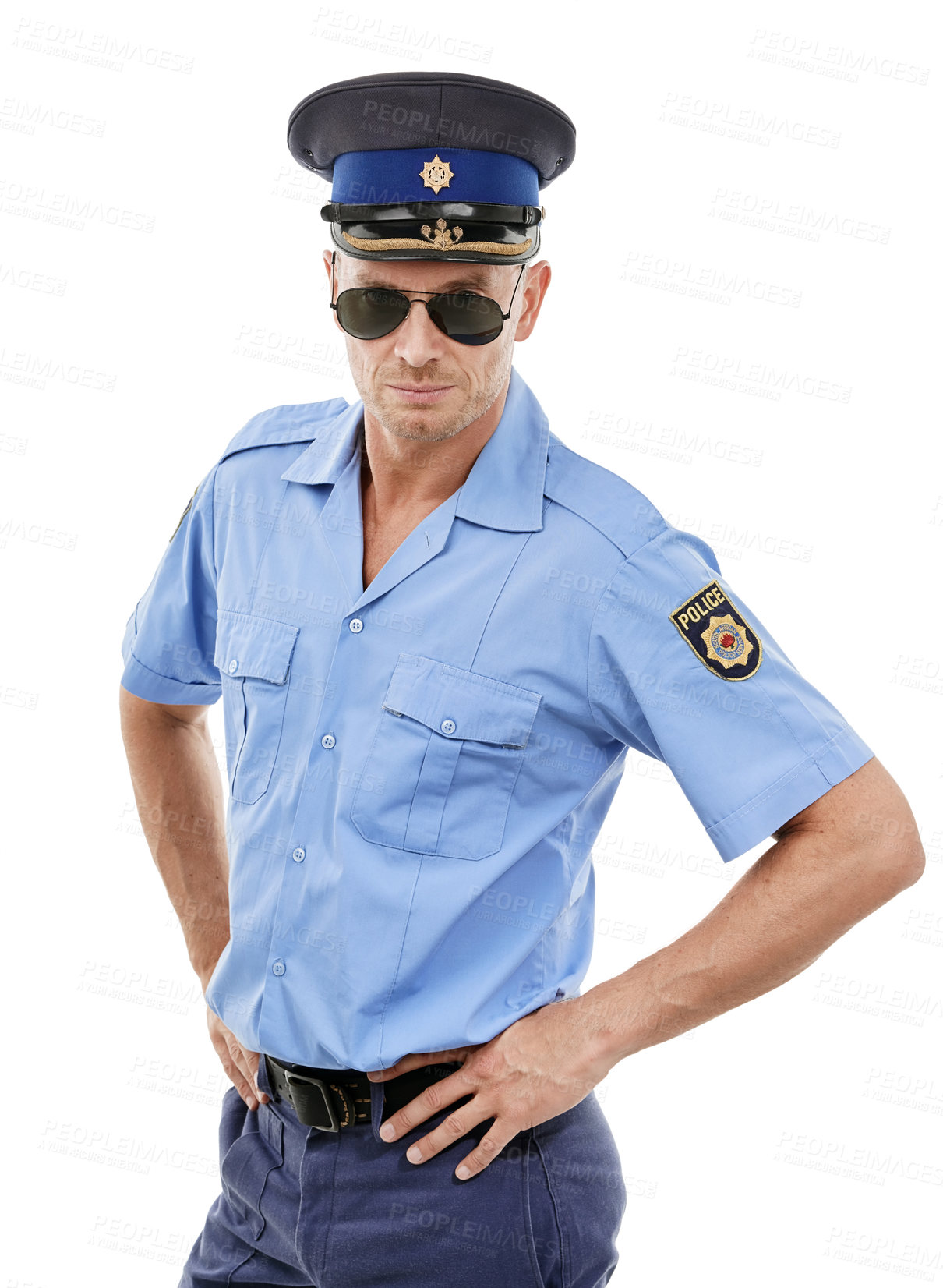 Buy stock photo Officer, security and portrait of police on white background for authority, public safety and crime. Justice, law enforcement and isolated policeman, traffic cop and guard with hands on hip in studio