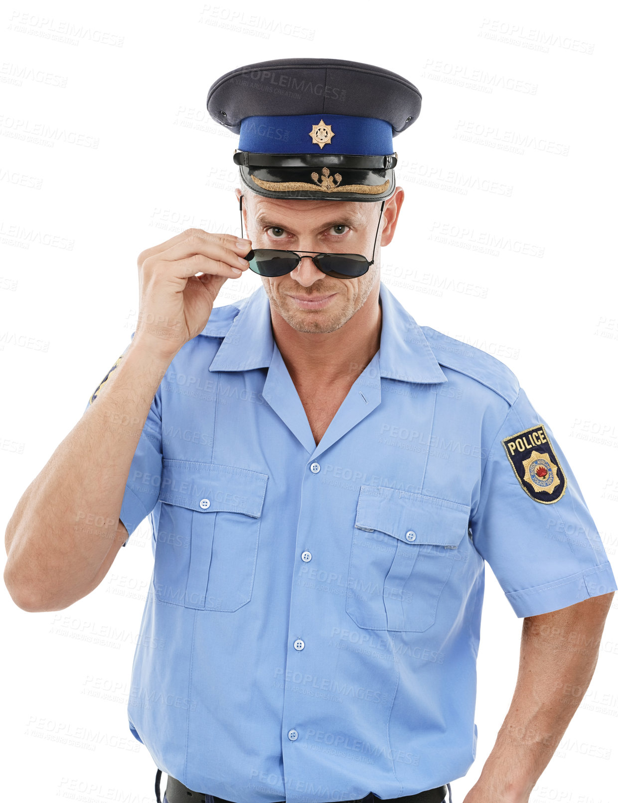 Buy stock photo Security, crime officer and portrait of police on white background for authority, public safety and laws. Justice, law enforcement and isolated policeman, traffic cop and guard face with sunglasses