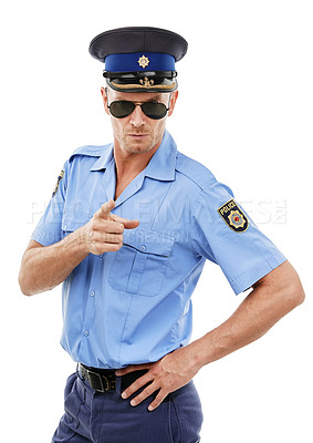 Buy stock photo Security, officer and portrait of police point on white background for authority, public safety and crime. Justice, law enforcement and isolated policeman, traffic cop and guard with hand gesture