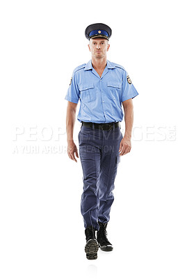 Buy stock photo Police officer, portrait and man walking for law enforcement march, public safety or security service watch. Protection guard, serious studio sheriff or crime hero isolated on white background